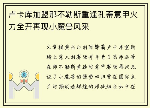 卢卡库加盟那不勒斯重逢孔蒂意甲火力全开再现小魔兽风采 卢卡库加盟那不勒斯重逢孔蒂意甲火力全开再现小魔兽风采